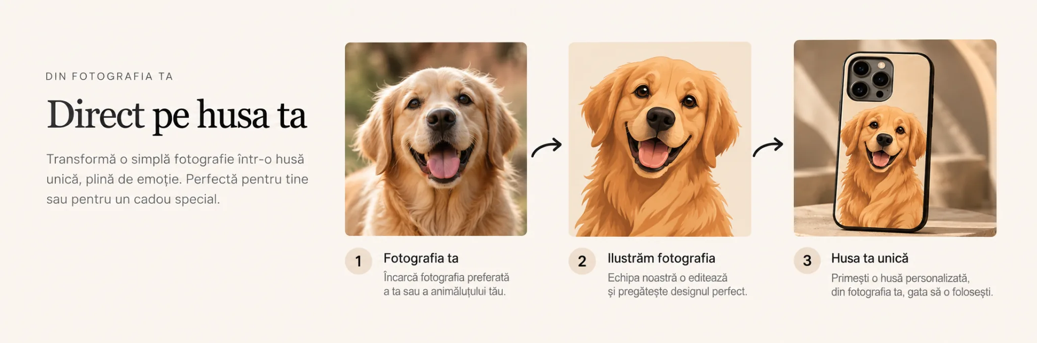 Exemplu ilustrativ: fotografia unui golden retriever, portretul cartoon și husa personalizată